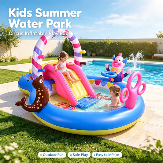 Circus Themed Kids Inflatable Play Pool with Slide