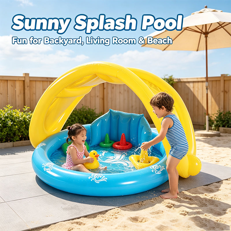 Round Kids Inflatable Splash Pool With Sun Canopy & Play Ring Toys