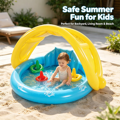 Round Kids Inflatable Splash Pool With Sun Canopy & Play Ring Toys