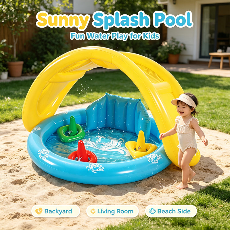 Round Kids Inflatable Splash Pool With Sun Canopy & Play Ring Toys