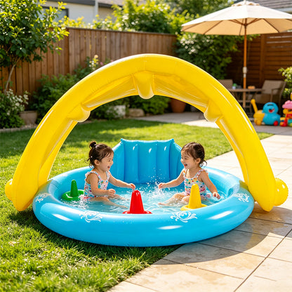 Round Kids Inflatable Splash Pool With Sun Canopy & Play Ring Toys