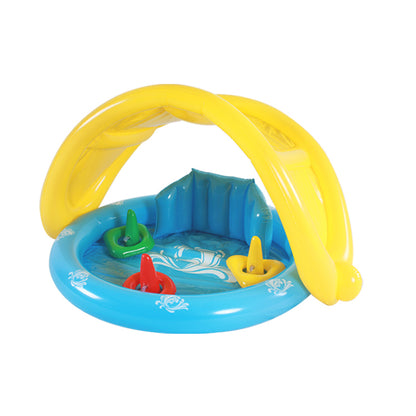 Round Kids Inflatable Splash Pool With Sun Canopy & Play Ring Toys