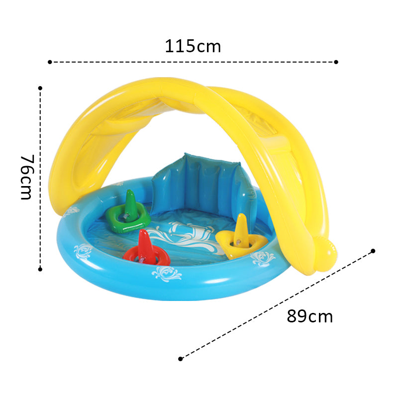 Round Kids Inflatable Splash Pool With Sun Canopy & Play Ring Toys